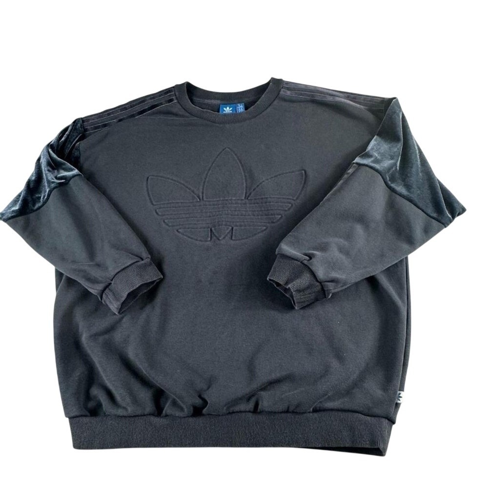 Adidas Velvet Velour Crewneck Sweatshirt Womens L Black Embossed Pullover Flawe
